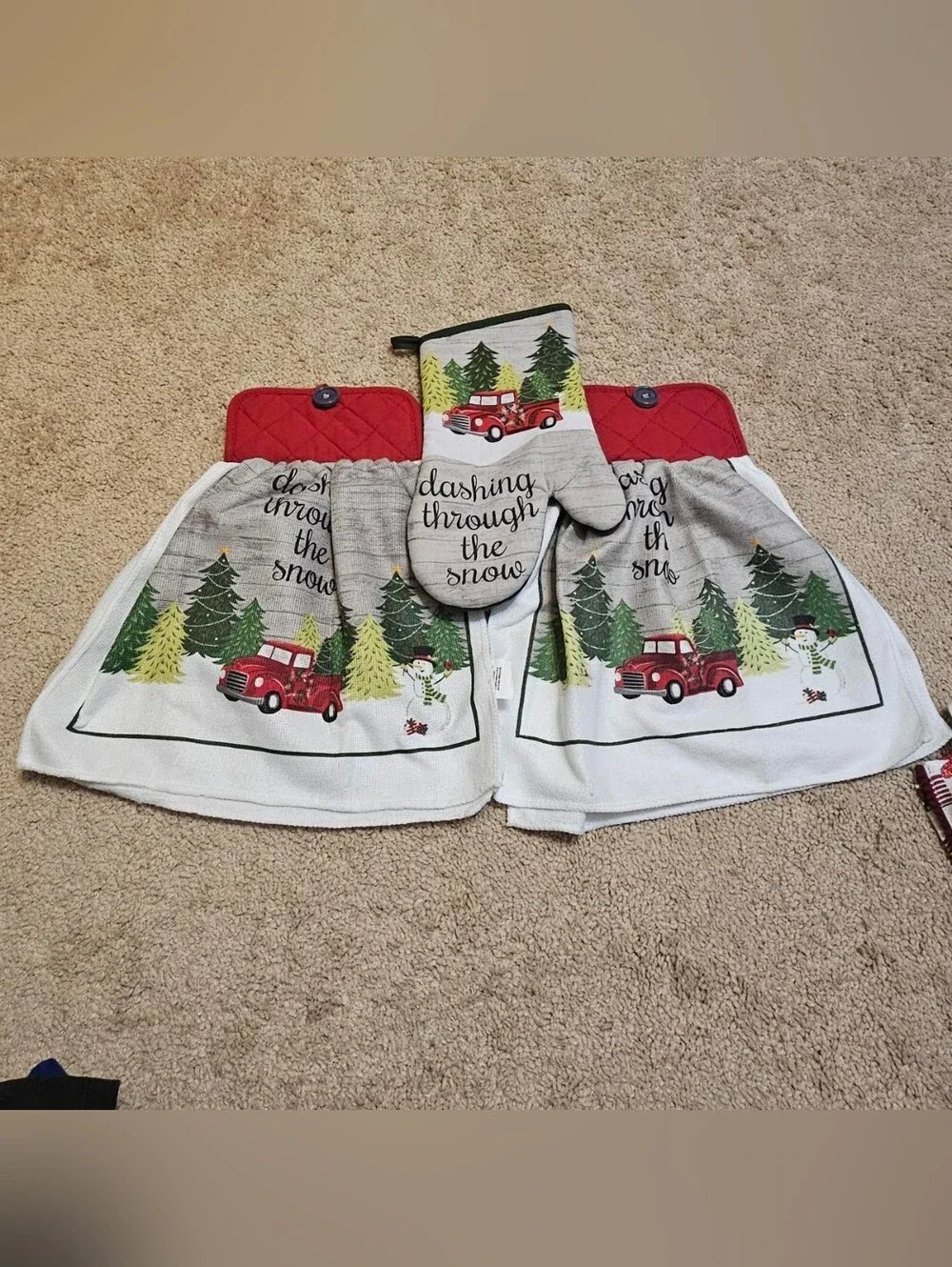 2 Handcrafted Towels Attached To Potholders | Red | Christmas